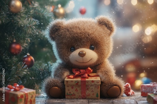 Festive Christmas Teddy Bear with Holiday Gift Box, Surrounded by Christmas Tree and Decorations in a Cozy Winter Scene, Ai Generation