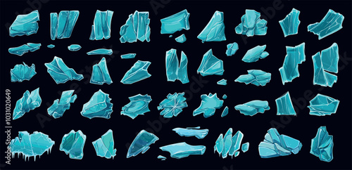 Cartoon ice pieces. Iced glacier block, arctic iceberg piece freeze glacial crystal polar antarctic berg floe cool north cube icy rock antarctica game asset set vector illustration