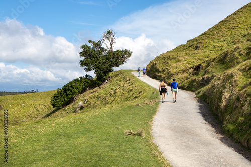 Fototapeta Naklejka Na Ścianę i Meble -  Hikers on trail leading to the summit of Mount Maunganui in Tauranga, New Zealand