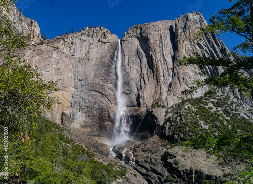 Sunny view of the Upper Yosemite Falls in Yosemite National Park