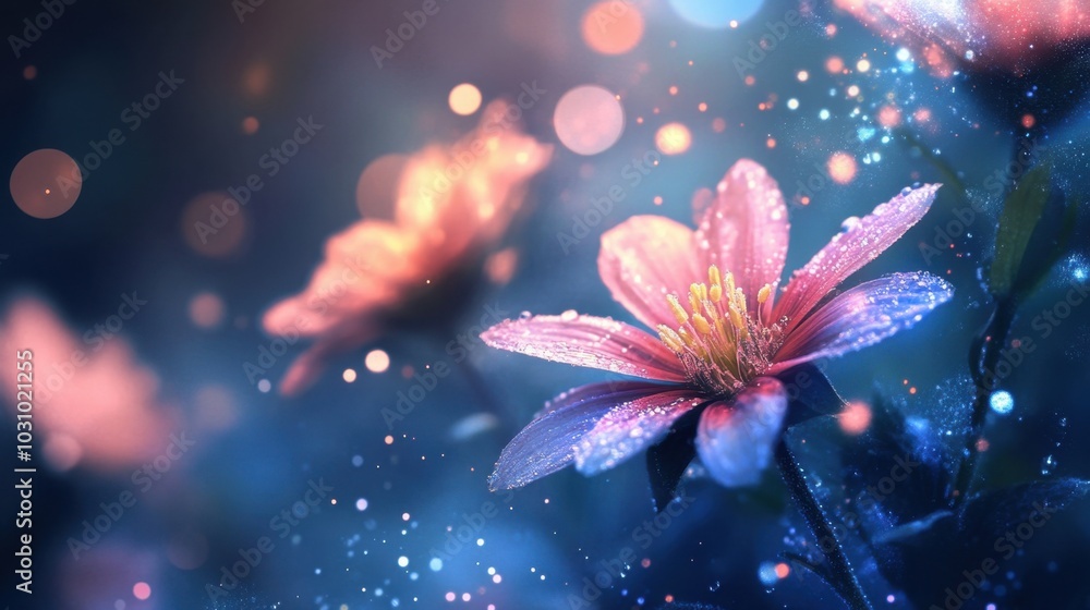 Pink flower covered in dew on a magical blue background with glowing particles Pink flower covered in dew on a magical blue background with glowing particles