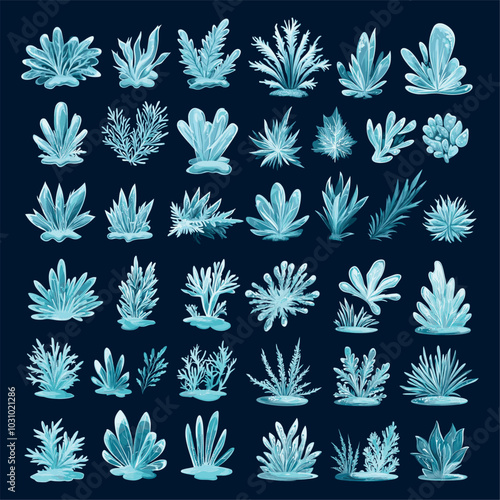 Cartoon icy plants. Frost plant iced foliage glace floral pattern frozen crystal ice surface grass leaves leaf winter season fauna cold weather glacial bush set vector illustration photo