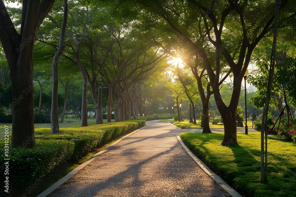 Fototapeta premium Tree-Lined Pathway in Park at Sunrise 