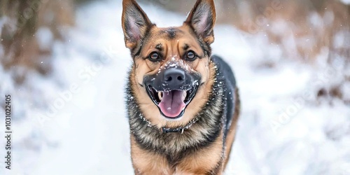 happy german shepherd dog jogging in winter snow