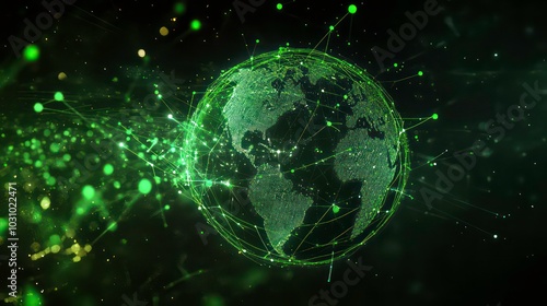 A green, glowing, digital globe surrounded by a network of connected dots and lines.