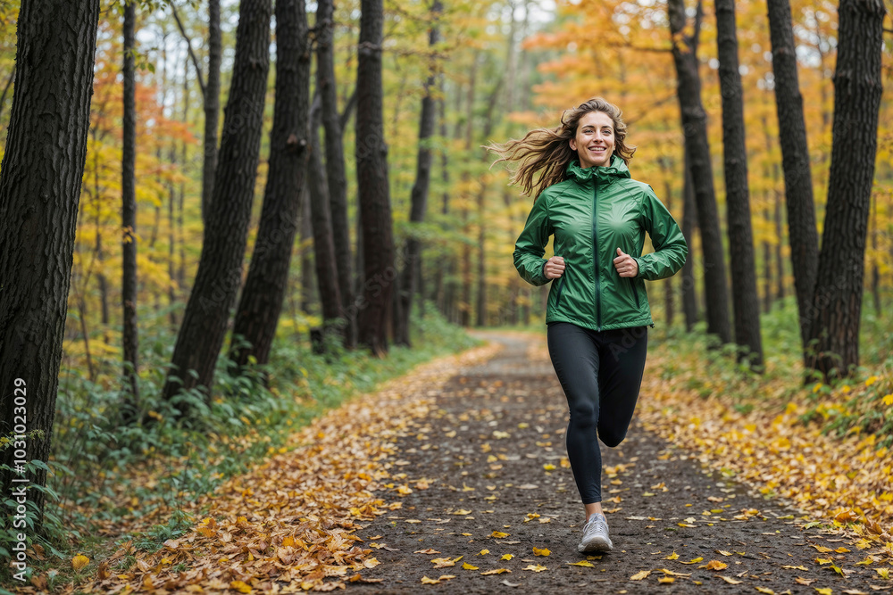 Portrait of happy beautiful sporty woman runs on a path in the autumn park, she is wearing a green jacket and black pants. Healthy lifestyle concept Portrait of happy beautiful sporty woman runs on a path in the autumn park, she is wearing a green jacket and black pants. Healthy lifestyle concept