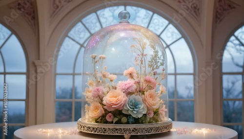 Beautiful glass dome with pastel flowers displayed indoors near large windows, decorative art
