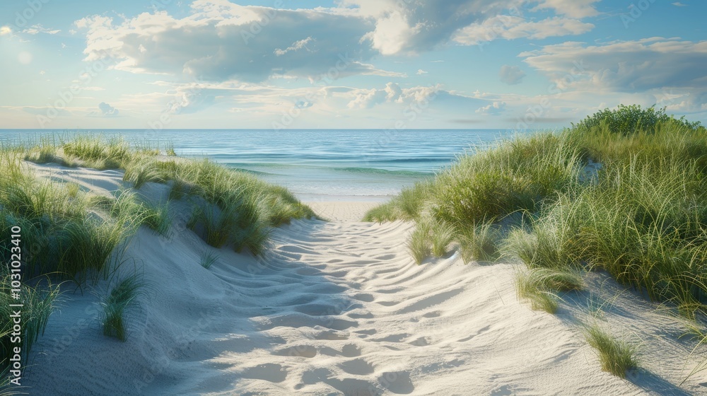 Tranquil Seaside Escape Sandy Path to Serenity with Dunes and Ocean Waves Tranquil Seaside Escape Sandy Path to Serenity with Dunes and Ocean Waves