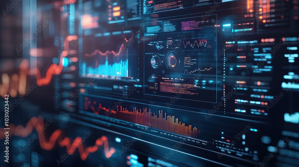 An illustrated computer screen with data visualizations and graphs An illustrated computer screen with data visualizations and graphs