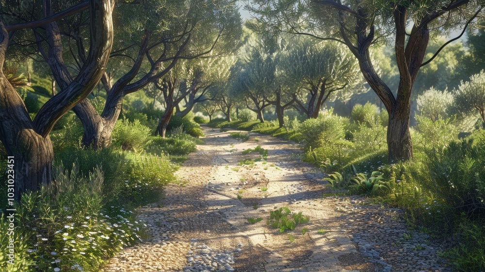 Naklejka premium Sunkissed Serenity Tranquil Olive Grove Pathway in Mediterranean Countryside