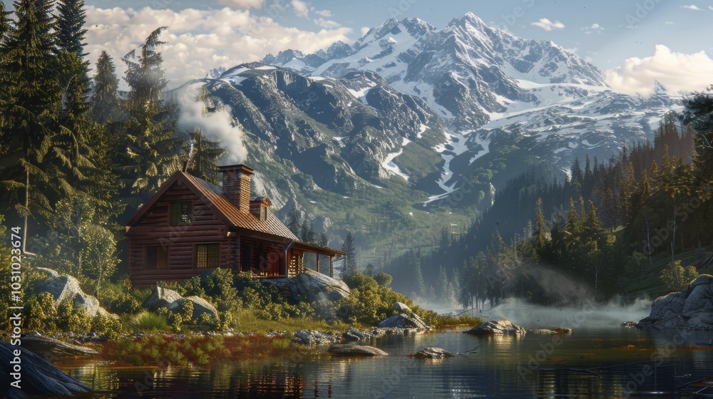Naklejka premium Wilderness Retreat Cozy Cabin Nestled in Untouched Nature with Smoking Chimney