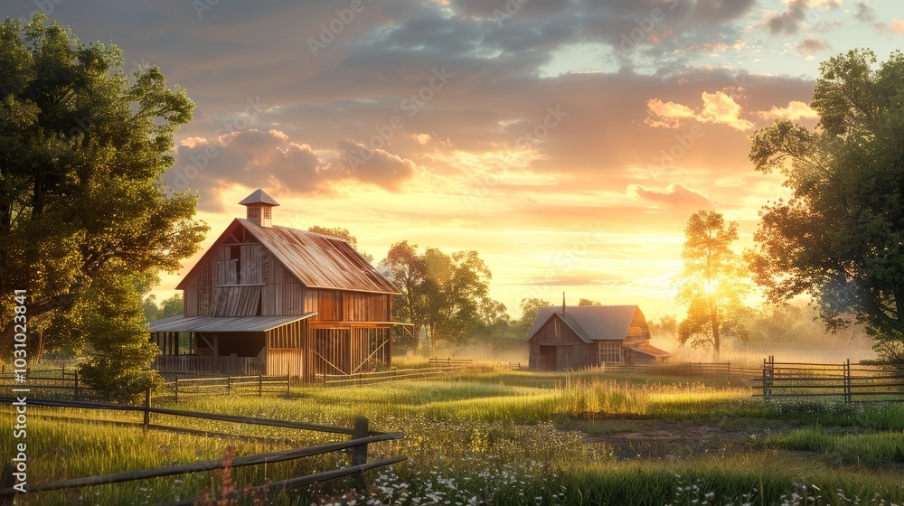 Golden Hour Glow Serene Countryside Farmhouse and Barn in Rustic Splendor Golden Hour Glow Serene Countryside Farmhouse and Barn in Rustic Splendor