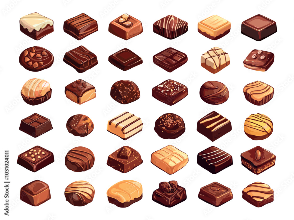 Chocolate sweets. Round sugar candy, dark and white cocoa snack, caramel nougat truffle nut tasty pastry, vector illustration set Chocolate sweets. Round sugar candy, dark and white cocoa snack, caramel nougat truffle nut tasty pastry, vector illustration set