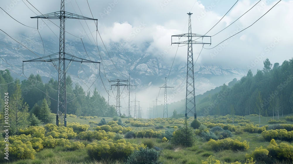Harmony in Progress Pylons and Power Lines in Nature's Embrace Harmony in Progress Pylons and Power Lines in Nature's Embrace