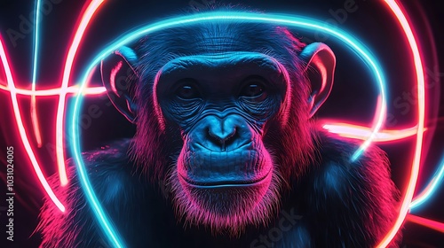 Artistic chimpanzee illustration in neon style with lively colorful lines