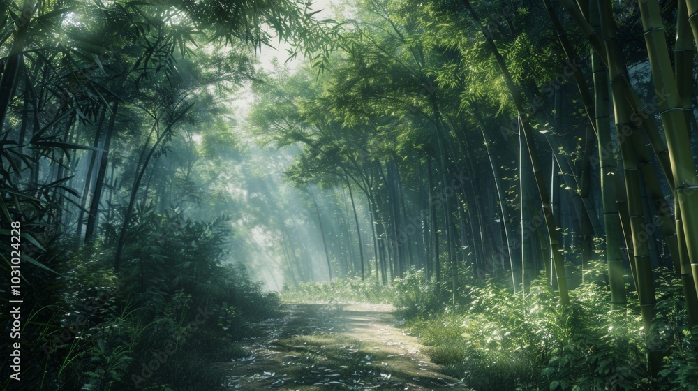 Obraz premium Enchanted Bamboo Grove A Pathway to Serenity and Solitude Amidst Nature's Majesty