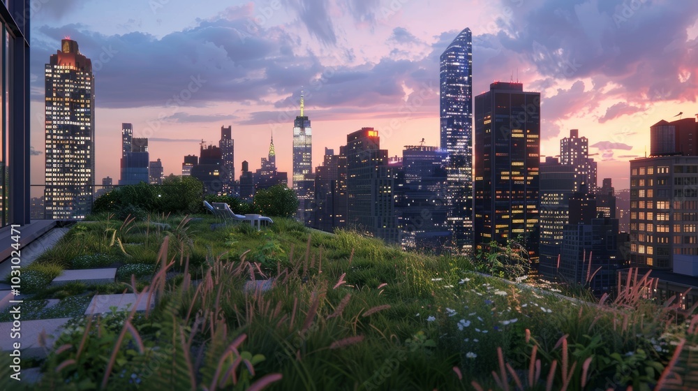 Obraz premium Glowing Cityscape Illuminated Skyscrapers at Dusk from Lush Rooftop Oasis
