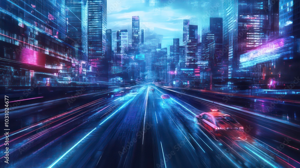 Obraz premium A futuristic city skyline with neon lights and cars driving on a highway.