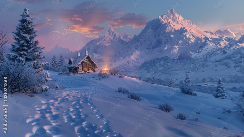 Fototapeta premium Winter Wonderland Tranquil Mountain Retreat at Dusk