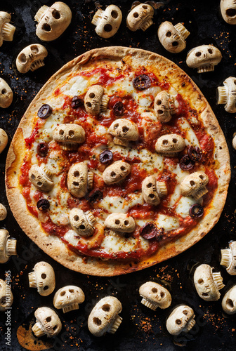 Express pizza on tortilla. Halloween pizza with mushroom skulls, tomato sauce and mozzarella cheese. An idea for a Halloween party.