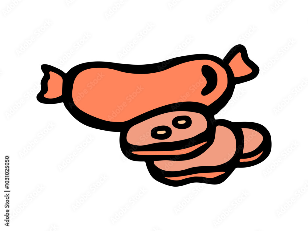 A simple hand-drawn illustration of a whole sausage with sliced pieces, perfect for food and culinary-themed designs A simple hand-drawn illustration of a whole sausage with sliced pieces, perfect for food and culinary-themed designs