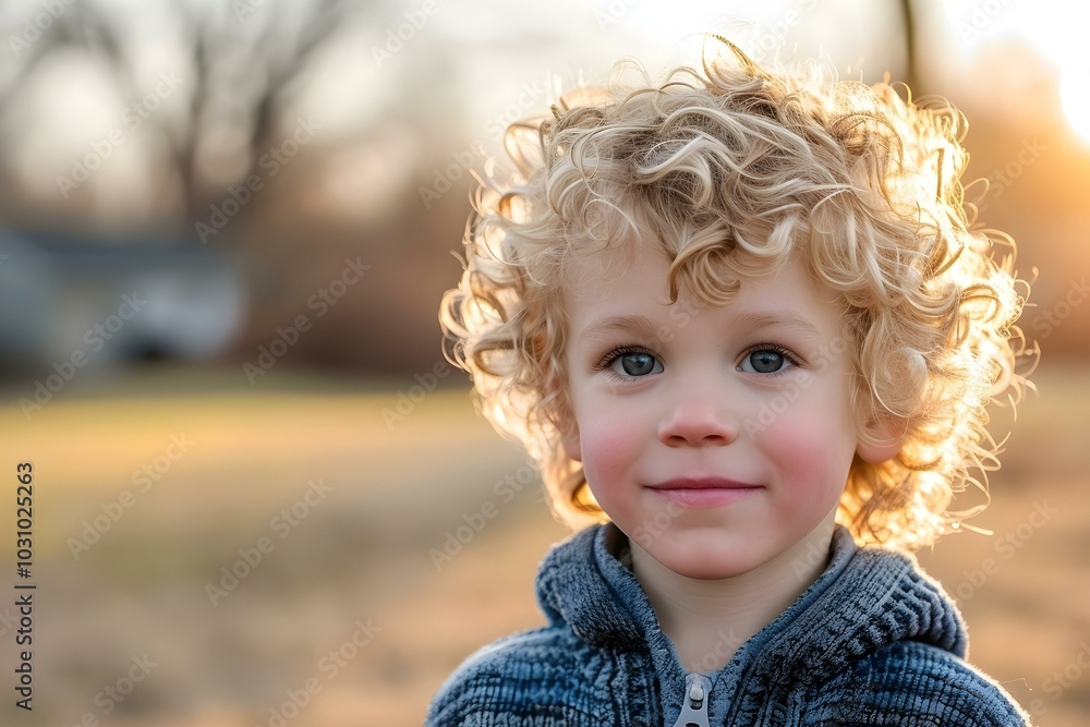 Curly-haired child smiling in warm sunset
Curly-haired child smiling in warm sunset