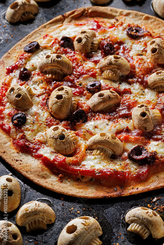 Close-up view of express pizza on tortilla. Halloween pizza with mushroom skulls, tomato sauce and mozzarella cheese. Idea for a Halloween party.