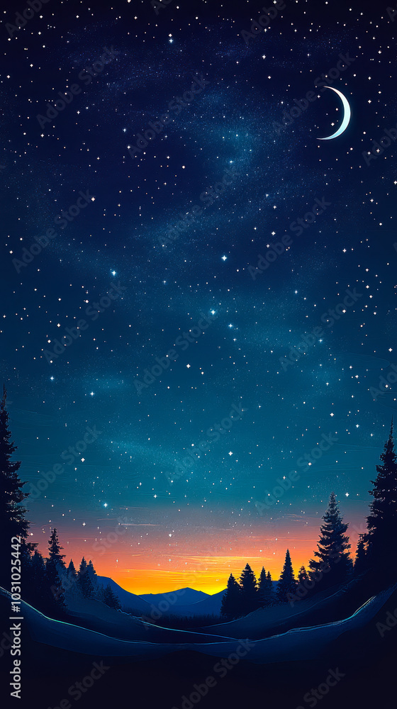 Obraz premium Starry Night Sky over Silhouetted Forest with Crescent Moon and Distant Mountains at Dawn, 2D Flat Background Pattern for Peaceful Nature and Nighttime Serenity Themes