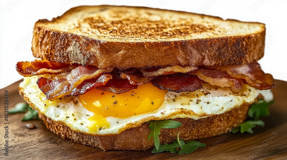 Crispy Bacon and Sunny Side Up Egg Sandwich on Toasted Bread with Fresh Greens - Ideal Breakfast Food Photography Crispy Bacon and Sunny Side Up Egg Sandwich on Toasted Bread with Fresh Greens - Ideal Breakfast Food Photography