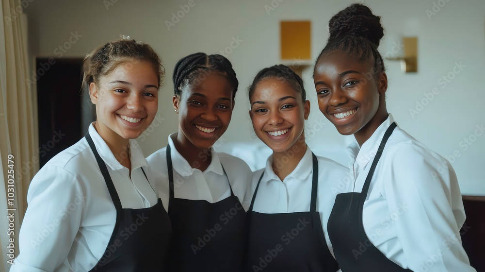 Four diverse young women wearing white shirts and black aprons stand together smiling and looking at the camera. Four diverse young women wearing white shirts and black aprons stand together smiling and looking at the camera.