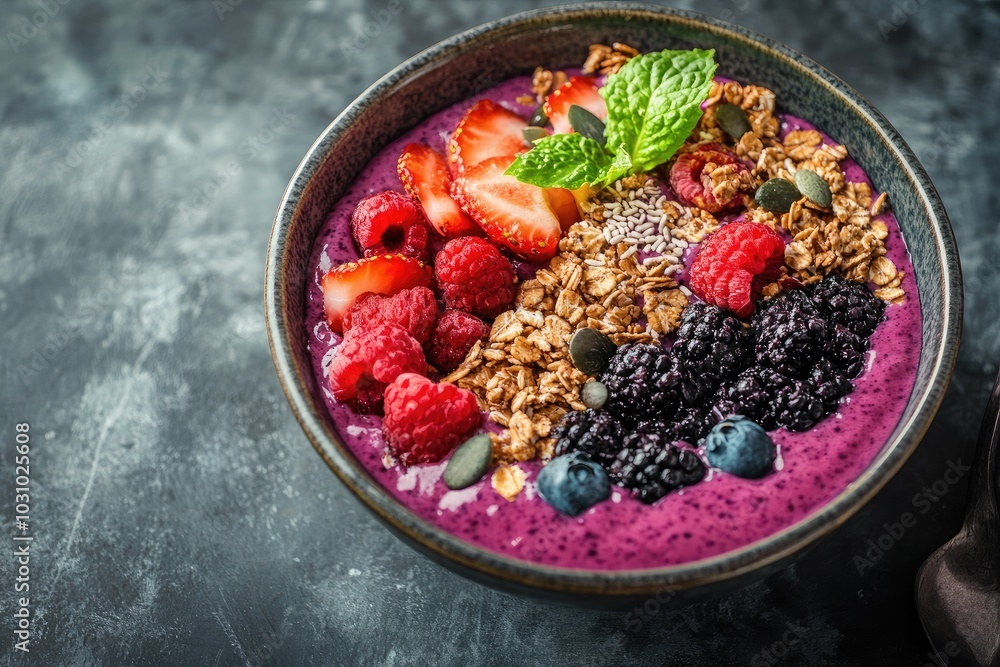 A vibrant acai bowl smoothie with granola, fresh fruits, and a drizzle of honey on top A vibrant acai bowl smoothie with granola, fresh fruits, and a drizzle of honey on top