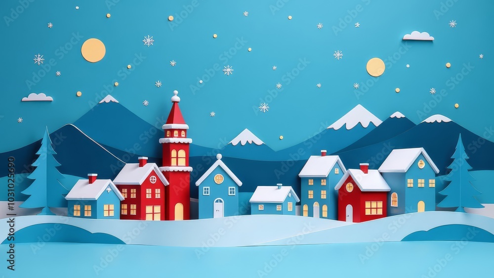Winter scene night sky in city town paper art Winter background. Christmas season paper cut style illustration red houses Christmas New Year banner for children Winter scene night sky in city town paper art Winter background. Christmas season paper cut style illustration red houses Christmas New Year banner for children