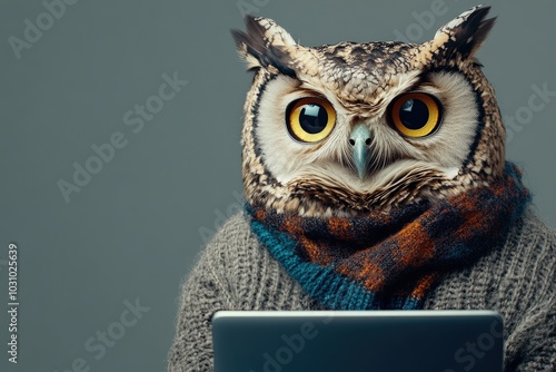 Happy Owl. Studio Portrait of a Hipster Owl with Laptop in Stylish Attire photo