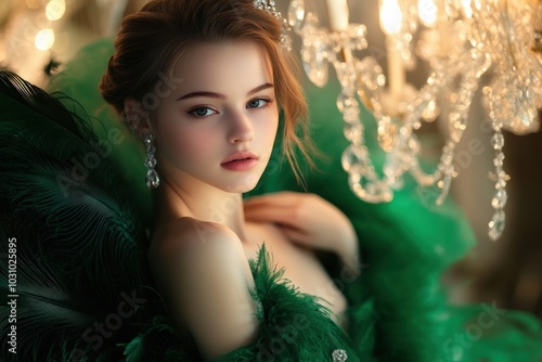 Haute Couture Green Dress Portrait of a Beautiful Young Girl in Emerald Feathers