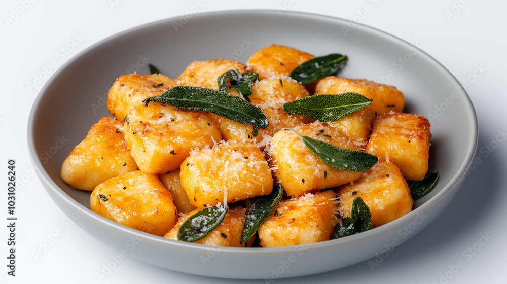 Sweet potato gnocchi tossed in butter sauce with crispy sage and Parmesan, fall pasta dish Sweet potato gnocchi tossed in butter sauce with crispy sage and Parmesan, fall pasta dish