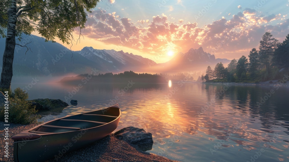 Fototapeta premium Tranquil Sunrise Majestic Mountain Lake with Canoe Reflections and Serenity