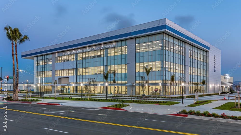 Modern Glass Office Building with Palm Trees and Street in Front Modern Glass Office Building with Palm Trees and Street in Front