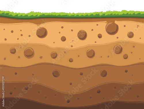 Land in section showing brown soil layers. Flat cartoon illustration ideal for archaeology and underground geology themes. Perfect for summer landscape designs and educational materials.