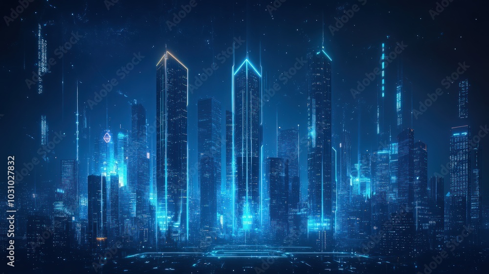 Dark blue wallpaper with a futuristic city skyline illuminated by neon lights Dark blue wallpaper with a futuristic city skyline illuminated by neon lights