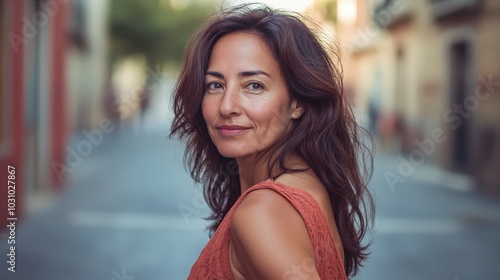 Hispanic Woman Walking. Pretty Middle Age Woman in Brown Hair Walking on European City Street