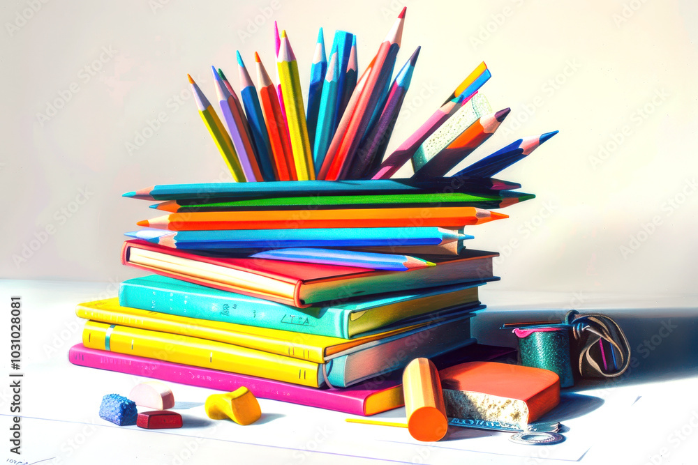 Stack of colorful books and pencils arranged on a desk Stack of colorful books and pencils arranged on a desk
