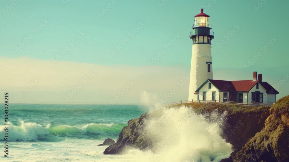 Obraz premium Lighthouse on a Cliff with Crashing Waves