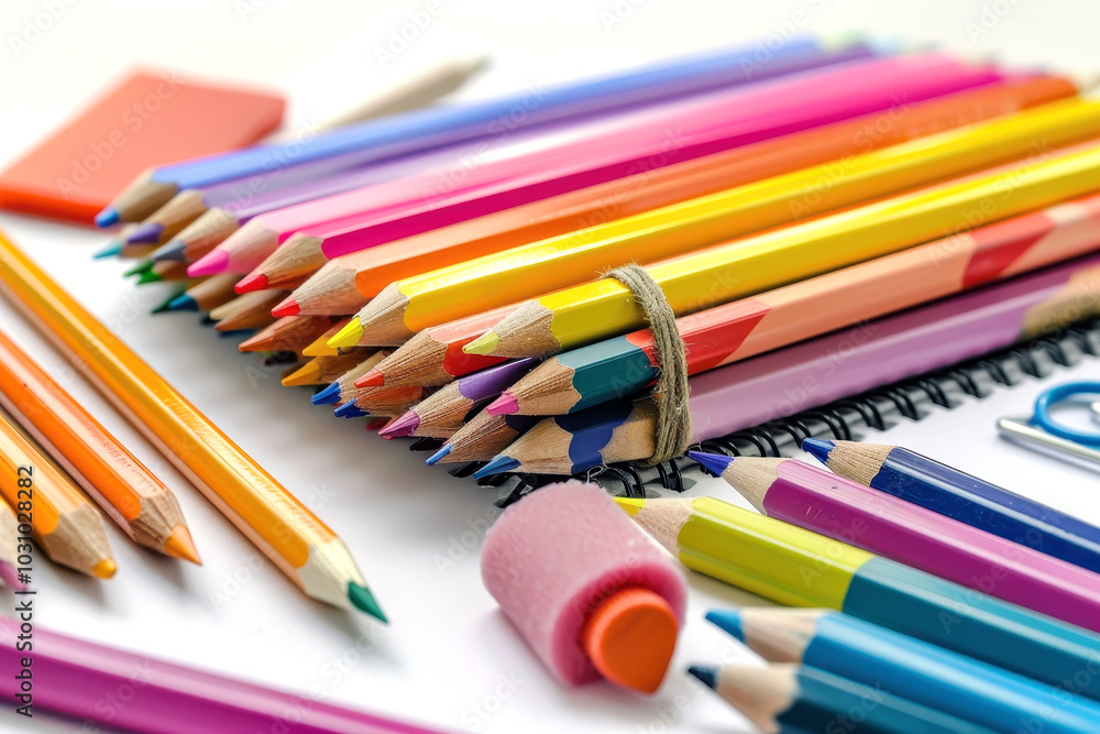 Close-up of colorful pencils and stationery on a white surface Close-up of colorful pencils and stationery on a white surface