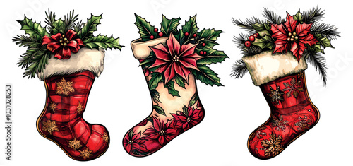 Christmas stocking color sketch. Hanging santa stockings realistic vintage tattoo sketches, red socks with flower merry xmas happy new year celebrate drawing vector illustration