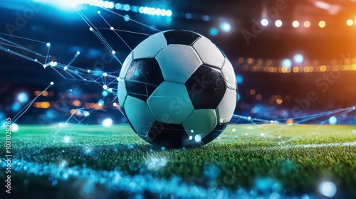 A soccer ball sits on a green field with a blurred background of a stadium at night and bright lights. photo