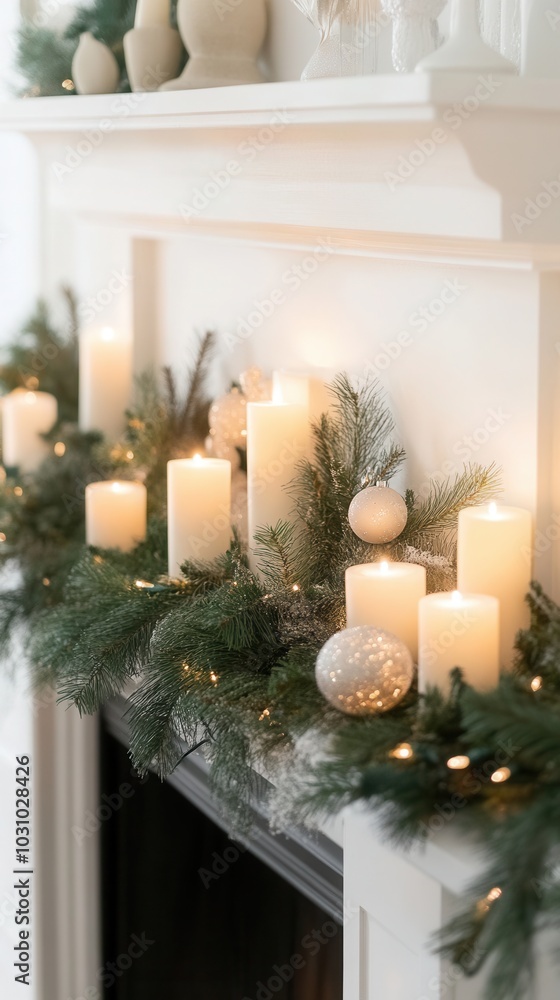 Elegant winter mantel adorned with candles and greenery, creating a warm atmosphere in a cozy living room Elegant winter mantel adorned with candles and greenery, creating a warm atmosphere in a cozy living room