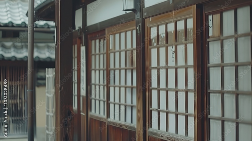 Traditional Japanese Shoji Screens with Wooden Frames and Latticework Traditional Japanese Shoji Screens with Wooden Frames and Latticework