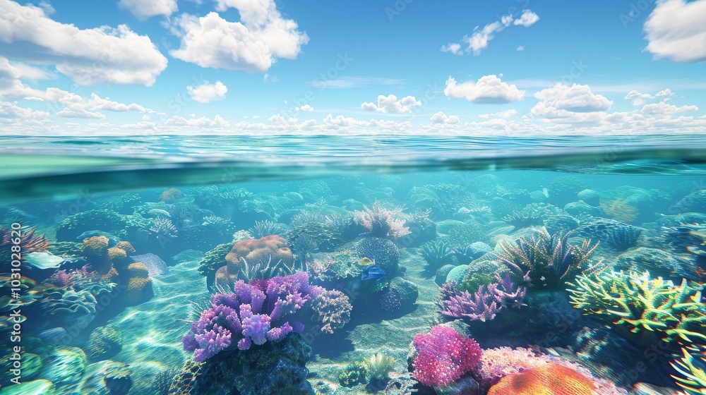 Naklejka premium Serenity Below Vibrant Coral Reef and Tranquil Waters with a Beach Horizon