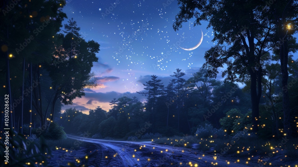 Enchanting Forest Twilight Serene Road with Fireflies and Crescent Moon Enchanting Forest Twilight Serene Road with Fireflies and Crescent Moon