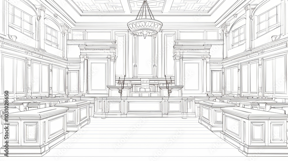 An intricately drawn black and white line art image of a courtroom, showcasing an imposing central bench, detailed architecture, and elegant chandeliers overhead. An intricately drawn black and white line art image of a courtroom, showcasing an imposing central bench, detailed architecture, and elegant chandeliers overhead.